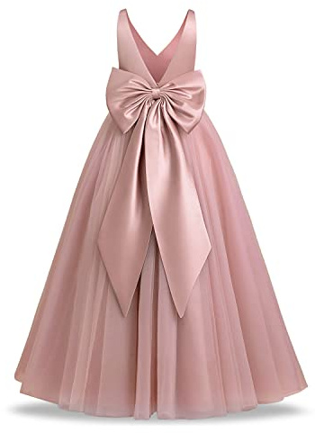 FYMNSI Vestido de niña de flores, vestido de primera comunión para niños, de manga corta, de malla, tutú, princesa, línea A, hinchada, boda, dama de honor, Cuello en V rosa polvoriento, 7-8 Años