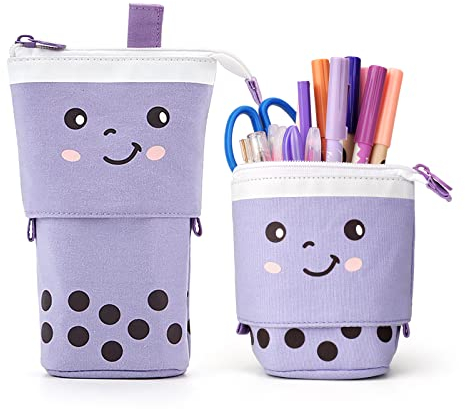 Katz Schön Stehendes Mäppchen, Handy Einziehbares Federmäppchen, Praktische Leinwand Stifte Etui für Schule & Uni, Stifthalter Federtasche für Teenager Mädchen Jungen Kinder Erwachsene, Lila & Punkt