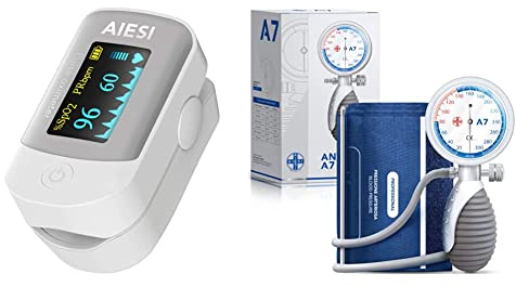 AIESI® Saturimetro da dito professionale certificato Pulsossimetro con display a COLORI orientabile & Sfigmomanometro Manuale Professionale Aneroide modello palmare
