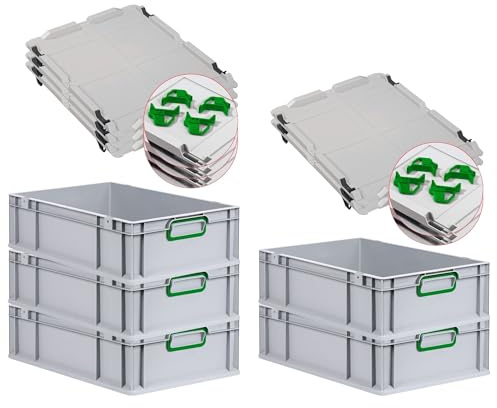 PROREGAL SuperSparSet 5x Eurobox NextGen Color mit Auflagedeckel & Schiebeschnappverschlüsse, HxBxT 17x40x60cm, 34L, Griffe grün geschlossen, Glatter Boden, Eurobehälter Transportbox Transportbehälter
