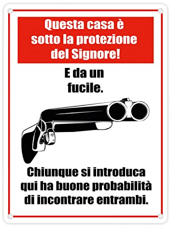 Cartello Fucile in metallo con scritta Questa casa è sotto la protezione del Signore! E da un fucile.