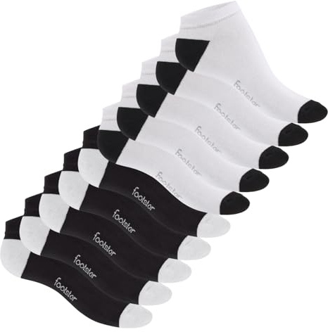 Footstar sneakersockor för damer och herrar (10 par) med kontrastfärgad häl och tå, Svart vit, 39-42 EU