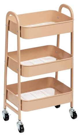 AGTEK 3 Tier Utility Rolling Cart with Lockable Wheels, Metal Multifunctional Storage, Organizer Cart for Kitchen, Office, Living Room, Makeup, Craft, Art Studio, Blush