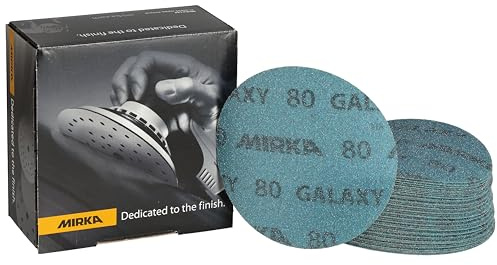 Mirka GalaxySandpaper - Papel de lija de 5 pulgadas (125 mm), grano 80, 50 discos/paquete, gancho y bucle, abrasivo de alta calidad para resina epoxi, madera, metal, sin obstrucciones, tecnología de