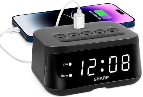 Sharp Digital Alarm Clock with USB 2 AMP Fast Charge Port & White LED Display