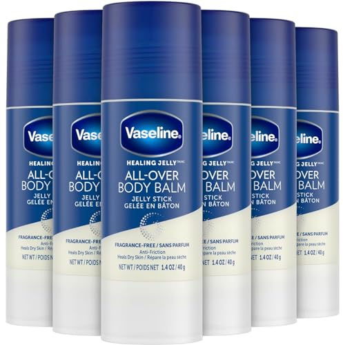 Vaseline All Over Body Balm Jelly Stick, Travel Size – Chafing Stick, Lotion for Extremely Dry Skin, Petroleum Jelly Sticks with Vitamin E for Glowing Skin, Unscented, 1.4 Oz Ea (Pack of 6)