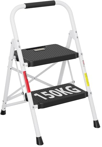 BONTEC Escabeau 2 Marches, Charge 150 kg Escabeau Pliable, Larges Marche Pied Pliable Antidérapantes, Tabouret en Acier Marche Pied Adulte, Poignée en Éponge, pour Bureau/Cuisine,Blanc