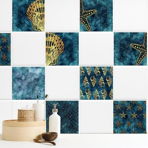 GRAZDesign Fliesenaufkleber Muscheln Blau Gold Bad Badezimmer, Fliesenbilder Set selbstklebend - 20x25cm / 20 Stück