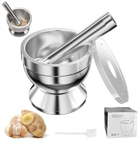 MeoZynxadril Mortero y Mano, Mortero de Acero Inoxidable con Mortero, 10 CM Mortero Cocina, Molcajete Piedra de Especias, para Moler Especias, Frutos Secos y Hierbas Chinas Secas, Plata