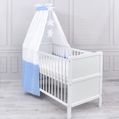 Generisch Baby Delux Babybett Himmel Betthimmel Baumwolle Baldachin für Babybett Kinderbett Wiege Stubenwagen Himmelstange Sterne Mond Applikationen Deko (Blümchen blau, ohne Himmelstange)