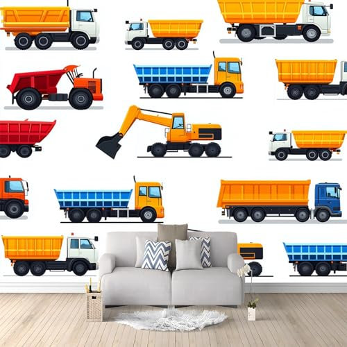 Papier Mural 3D Camions De Chantier Divers Murale Intissé Tableaux Muraux Trompe l'oeil pour Salle de bain Salon Chambre Décoration 350 x 256 cm Murale Moderne Blanc