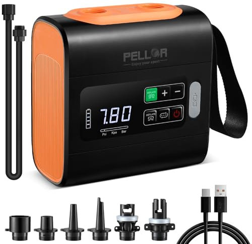 PELLOR 22PSI Electric SUP Pump, Rechargeable Paddle Board Pump, Dual-Stage Inflation and Deflation, Automatic Shut-Off, Portable Electric Pump, Suitable for Paddle Boards, Kayaks, Inflatable Boats