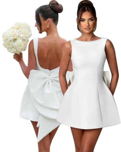 Hanaoops Womens Mini Dress Sexy Backless Round Neck A Line Dress Bodycon Sleeveless Pearl Tank Dresses with Bow Simple Tunic Short Wedding Dress for Bride Prom Homecoming Party Club Dresses White