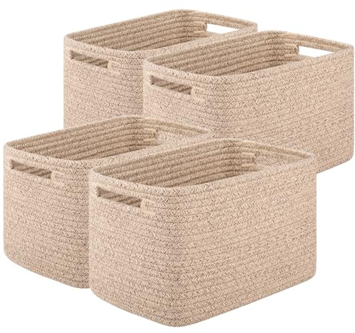 OIASKET Storage Baskets for Organizing, Woven Decorative Baskets for Shelves - Books, Towels, and Clothes, Cotton Rope Toy Storage Bins, 12.7''Lx9''Wx7.8''H, Pack of 4, Brown