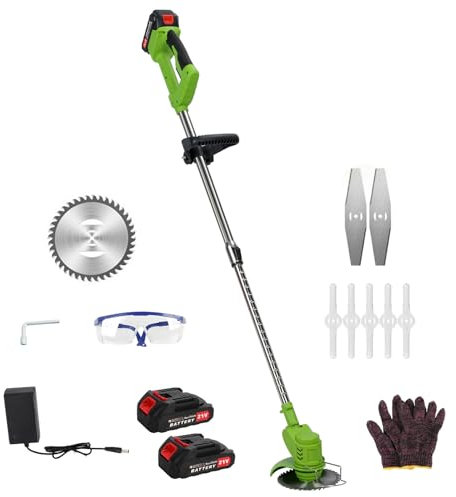 ilkqeppe Grass Trimmers, Weed Eater, Electric Weed Mower Cordless Trimmer, Telescopic Rod Weed Eater Cutter, Rechargeable Handheld Lawn Mower with 2 Batteries (21V 1.5Ah), 1 Charger Green