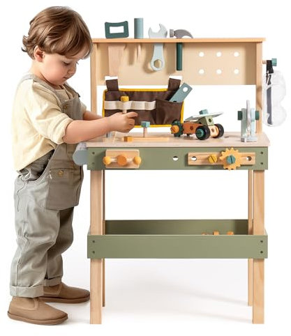 ROBOTIME Kinder Holz Werkzeugbank - Multifunktions-Werkbank Set mit Werkzeuggürtel, Hammer, Schraubenschlüssel, Schraubendreher, Zahnräder & Zeichenpapier - Kreatives Lernen & Rollenspiel Spielzeug