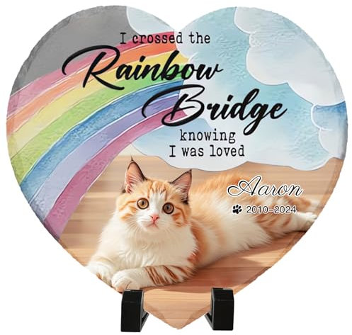 Umitive Custom Pet Memorial Stone - Personalized Cat Grave Marker with Name & Photo - Sympathy Gifts for Loss of Beloved Pet - Cemetery Decor - Rainbow Bridge Memorial for Cats (Style A)