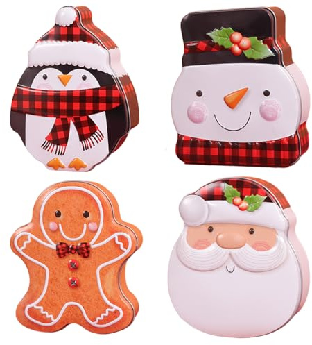 NAUZE 4Pieces Christmas Plaid Cookie Tins with Lids Small Metal Tin Box Cartoon Xmas Treat Boxes for Christmas Wrapping Party Favor Supplies