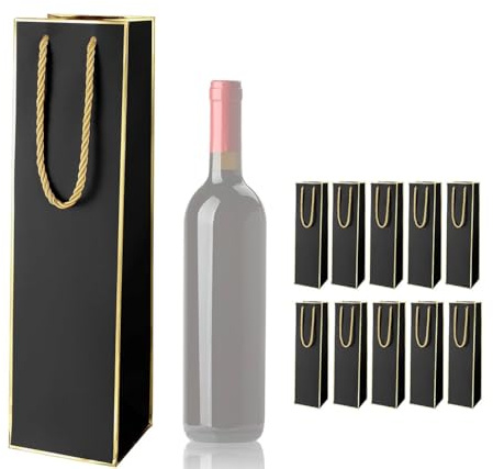 10-Pack Luxury Paper Wine Gift Bags 35x9x9 CM for Single Wine Bottles Tote Carrier Champagne Beer Bottle Bags Pouches for Wedding Festival, Tasting Party Favors, Birthday, Picnic, Christmas Gifts
