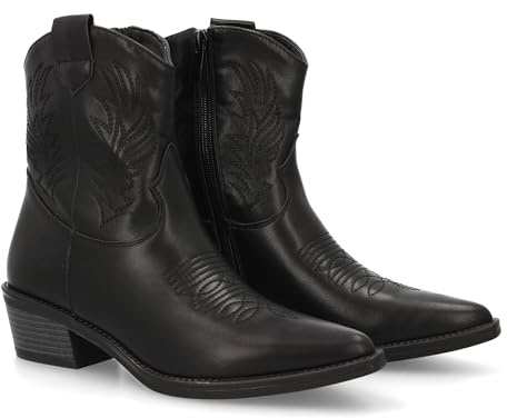 shoes&blues.es 95648 Bota Cowboy de Cana Media, en Ante Sintetico con Bordados Decorativos, Punta Fina. Ideal para Otono Invierno. Negro Talla 37