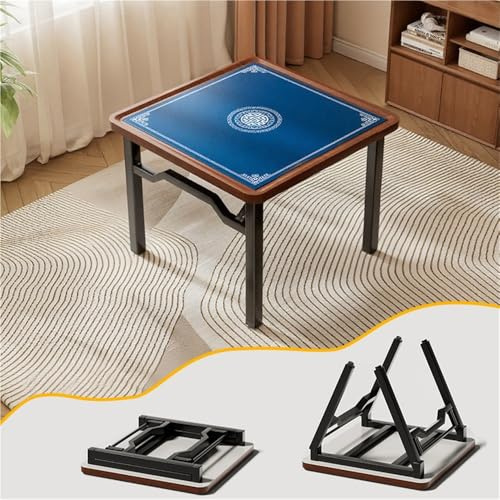 Foldable Mahjong Table with Tablecloth, Portable Card and Domino Game Table, Heavy-Duty Wood Top with Steel Legs, Multifunctional Table for Dinning, RV and Family Game Night(Blue,90CM(35.4IN))