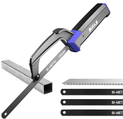 AIRAJ Junior Hacksaw,Compact Metal Saw,with 4 HSS Flexible Bi-Metal & 1 Wood Blade,Hacksaw for Metal,Wood,Plastic Cutting,Aluminum Alloy Frame,PP+TPR Rubber Handle,for Use in Confined Spaces