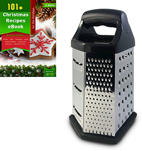 MyHomeBasics Box Graters for Kitchen, 6 Sided, Multi-Purpose Cheese and Veggie Cutter, Stainless Steel with Cooking Secrets Ebook