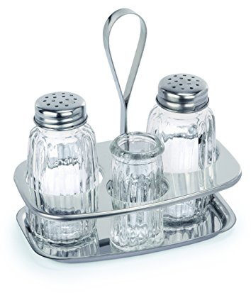 MENAGE SERIE 1480 (Höhe: 14 cm) aus Edelstahl mit Einsätzen aus Glas - 3-teilig, Salz- und Pfefferstreuer und Zahnstocherglas