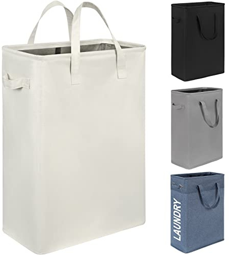Chrislley 45L Slim Laundry Hamper Narrow Laundry Basket with Handle Foldable Dirty Clothes Portable Skinny Hamper Organizer Storage Bins (22 inches, beige)