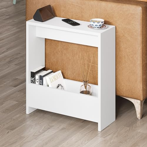 Hocuspicus Beistelltisch mit integriertem Magazinhalter| kompakter Beistelltisch für Wohnzimmer und Büro| platzsparender End Table für kleine Räume| Magazinaufbewahrung| 20 x 55 x 60 cm (Weiß)