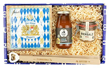 Bavariashop Geschenkbox Boarisch Grillen, Hochwertige Geschenkidee für eingefleischte Grillfans, Stabiler Karton im bayerischen Design
