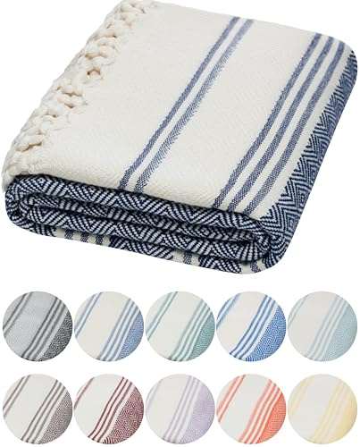 DEMMEX Serviette Hammam Peshtemal en Coton Turc Bio – Légère, Absorbante et à Séchage Rapide, Anti-Sable, Serviette de Plage et Bain, 180x90 cm (Bleu Marine)
