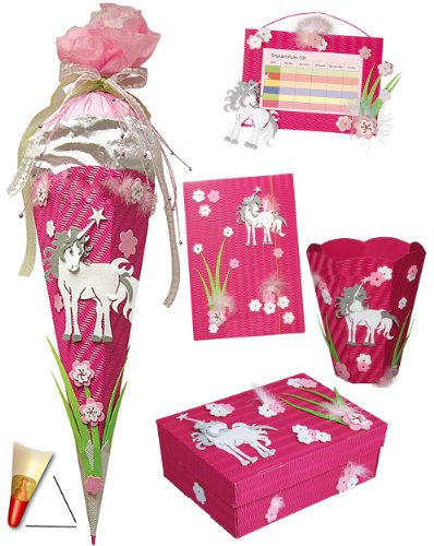 alles-meine.de GmbH komplette Füllung - Circa 200 Teile - für 5 TLG. Set: Bastelset Schultüte - + Schulbox/Kreativbox + Mappe + Stundenplan + Papierkorb - Einhorn & Blumen Mädc