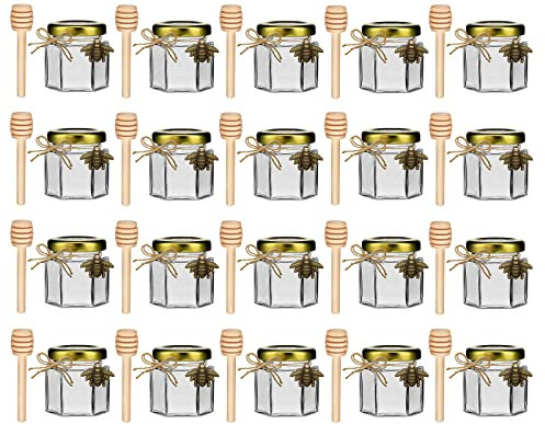 Kleine Honiggläser, Honigglas mit Honiglöffel, Kleine Gläser mit Bienen Anhänger, Mini Honigtöpfe mit Organzaband, Mini Gläser für Baby Feier, Hochzeit Gastgeschenk, 20 Stück 45ml