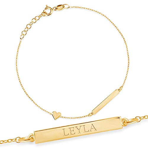 Maverton ID Kinderarmband Gold mit Herz und Namensplatte + personalisierte Geschenkbox mit Gravur - Armkette zur Geburt zur Taufe - Weihnachtsgeschenke - zum Geburtstag - Länge: 13-17 cm - 8 Karat