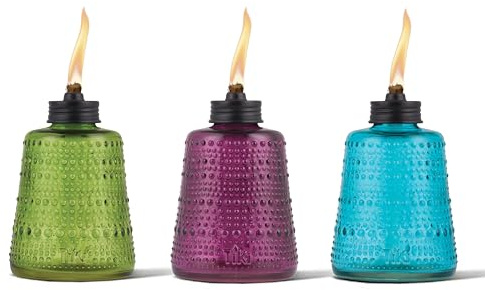 TIKI Carnival Glass Tabletop Torches, 3-Pack – Decorative Outdoor Tabletop TIKI Torches for Patio, Backyard & Garden – Portable Glass Flame Torches for Outdoor Lighting, Blue, Green & Purple, 6-Inch