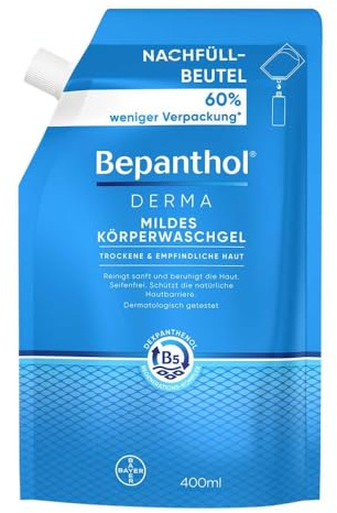 Bepanthol® DERMA Mild kroppstvättgel, 400 ml påfyllningspåse, mild duschgel för känslig och torr hud, dermatologiskt testad fuktgivare med dexpanthenol, fri från dofter