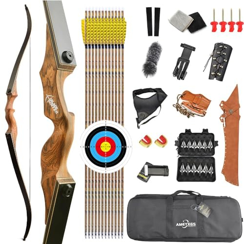 AMEYXGS 60 Bogenschießen Takedown Recurve Bogen und Pfeil Set 20-60LBS Jagdbogen Sportbogen für Erwachsene und Jugendliche mit Bogenzubehör für Outdoor Schießen Zielübungen Rechtshänder (25LBS, Grau)