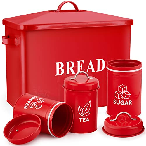 E-far Rote Brotbox mit Kanister-Sets für Küchenarbeitsplatte, Metall-Brotkasten, Vintage-Stil und extra groß – für 2+ Brote Zucker, Kaffee und Tee