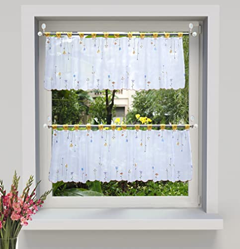 Devola Landhausstil Scheibengardine Blumenmuster Besticke Bistrogardine Transparente Fenstergardinen Schlaufen-Kurzstore Küchen Flächenvorhang Dekoration Vorhänge HxB 45x90cm Gelb 1er Pack