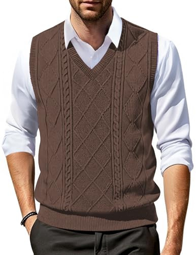 COOFANDY Men's Sweater Vest V Neck Pullover Sweater Sleeveless Knit Casual Slim Fit Vest Brown
