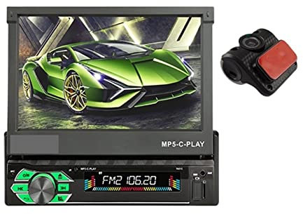 Rétractable 1 Din Radio Autoradio Audio 7 Pouces MP5 MP4 Lecteur Aux/USB/TF/FM/écran Tactile/Bluetooth Menu 3 Langues (Color : Carplay with DVR) Little Surprise