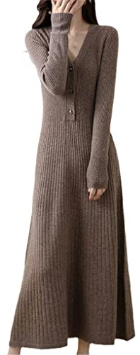 Automne/hiver col en V cachemire tricoté pour femmes robes super longues haute élasticité pulls en laine doux pulls, Dark Tuo SE, M