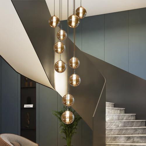 CBJKTX Pendelleuchte Treppenhaus 10 Flammig Glas Hängelampe 240cm | Hängeleuchte Glaskugel, Moderne Esstischlampe, Höheverstellbar Bernstein,für Villa Galerie Hoher Raum Wohnzimmer