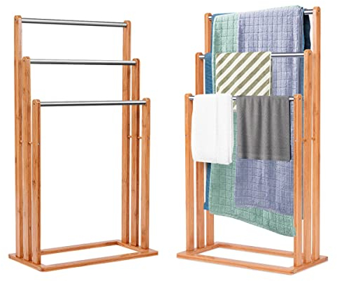 LIFEZEAL Porte-Serviettes Debout en Bambou avec 3 Barres, 84 x 46 x 24 cm, Support de Serviette sur Pied à 3 Bras en Acier Inoxydable pour Salle de Bain, Naturel