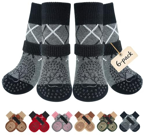 BEAUTYZOO Hundesocken Anti Rutsch, Doppelseitige Hundesocken Leckschutz mit Klettverschluss Riemen für Innenbereich Pfotenschutz für Hunde, Schuhe für Kleine, Mittlere und Große Hunde, 6er-Set