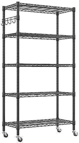 Himimi 5-Drahtregal mit Rollen, Metall, höhenverstellbar, Standregal für Wäsche, Badezimmer, Küche, 76 x 35 x 158 cm, Schwarz