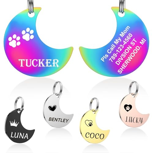 YEHANTI Hundemarke mit Gravur - Hundemarke Personalisiert mit Name, Telefonnummer und Adresse, Edelstahl Namensschild für Halsband, Anhänger Marke für Hunde, Katzen und Welpen (Mond)