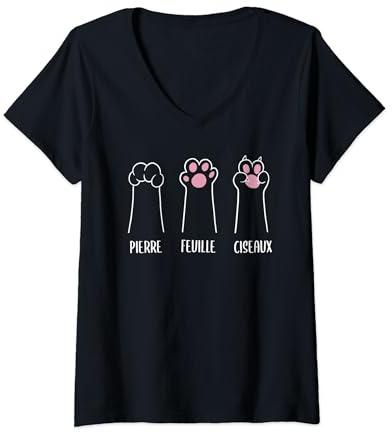 Grapheino Co. Cadeaux Chat très Drôles Chat Pierre Feuille Ciseaux Femme Fille Humour Rigolo T-Shirt Noir Col V Manche Courte Taille Petite