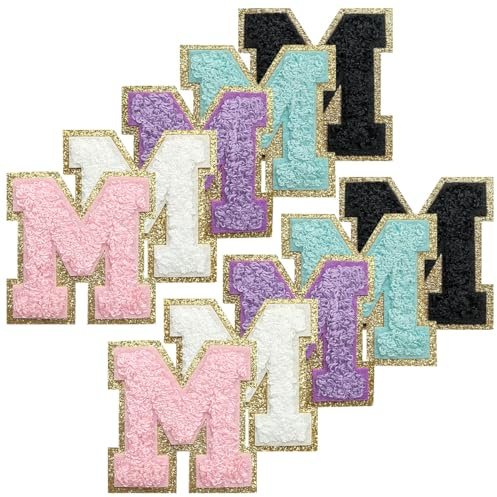 WILDREEDS Selbstklebende Chenille-Buchstaben-Patches mit goldenem Glitzer-Bordüre, zum Aufbügeln, bestickte Chenille-Stickerei für Kleidung, Größe M (weiß, schwarz, rosa, lila, blau), 10 Stück